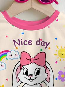 SHEIN Set de 2 bucăți pentru fetiță, ocazional, cu imprimeu cu iepure de desene animate, cu mâneci scurte și cu pantaloni evazați, potrivit pentru vară - Multicolor - Vizualizare 4