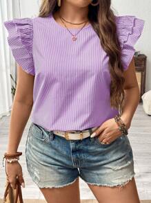 Flirla Plus Size Casual Striped Cap Sleeve Blouse - Purple - View 3