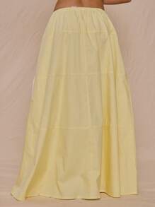 MUSERA Drawstring Front Tiered Cotton Poplin Floaty Maxi Skirt Summer Vacation Cute Elegant Sweet Escape - Yellow - View 4
