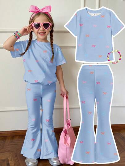 SHEIN 2pcs/Set Girls Casual Cartoon Print Round Neck Short Sleeve Top And Flared Pants, Suitable For Summer