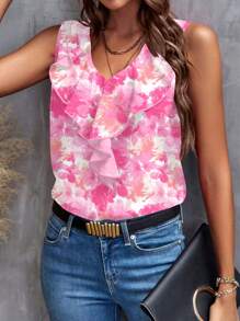 SHEIN Clasi Summer Slim Fit Women's Pink Romantic Print V-Neck Ruffle Sleeveless Shirt, Suitable For Daily Outing Summer Outfits For Women Vacation Shirt Summer Outfits For Women Ruffle - Pink - View 3
