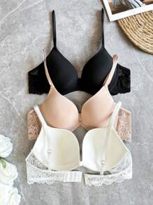 NudeFit 3pcs Women Elegant Solid Color Lace Patchwork Lingerie Bra Set For Everyday Wear Casual - Multicolor - View 2