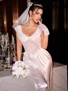 SHEIN Lace Patchwork Faux Silk Sexy 2-Layer Collar Jumpsuit Pajamas - White - View 7
