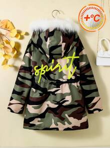 SHEIN Cô gái Tween Camo In Trang trí Fuzzy Eo dây rút Nhiệt áo có mũ Áo khoác Parka - xanh quân đội - Xem 1