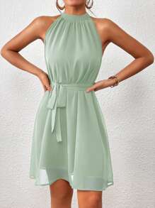 Firerie Damen einfarbiges plissiertes kurzes Trägerkleid, lässiger Urlaubsstil