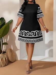 SHEIN Lady 加大码黑色几何印花夏季假日连衣裙，女士休闲简约连衣裙，适合夏季 - 黑色 - 查看 4