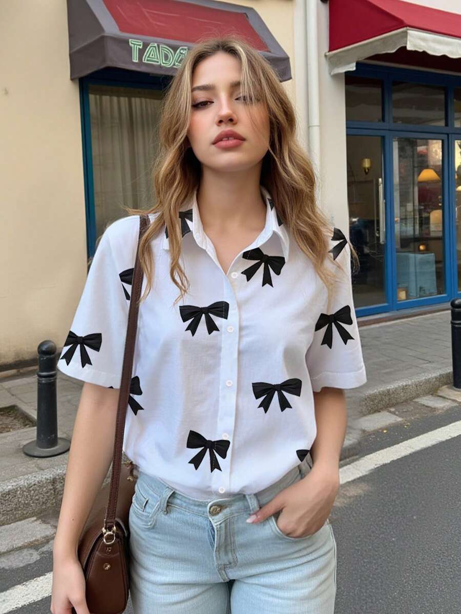 INAWLY 女士休闲蝴蝶印花短袖衬衫，夏季 - 彩色 - 查看 1