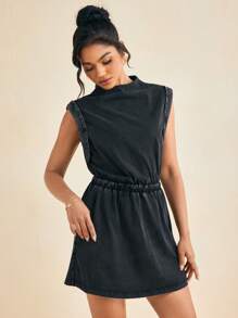 Amiko Acid Washed Knit Cowl Neck Elastic Waist Mini Dress Sporty Dress - Dark Grey - View 4