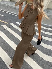 Serisse 2pcs Women Summer Solid Color Ruffle Hem Top And Pants Two Pieces Set Brown - Mocha Brown - View 3