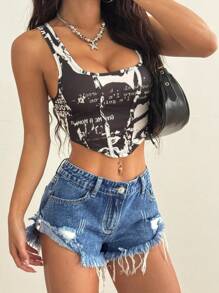 SHEIN ICON 女士口袋做旧磨边休闲百搭牛仔短裤 - 深色水洗藍 - 查看 5