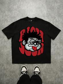 Manfinity Roghcode Oversized Streetwear Vintage Funny Face & Red Text Print Black Loose Drop Shoulder Graphic T-Shirt ( Material) - Black - View 1