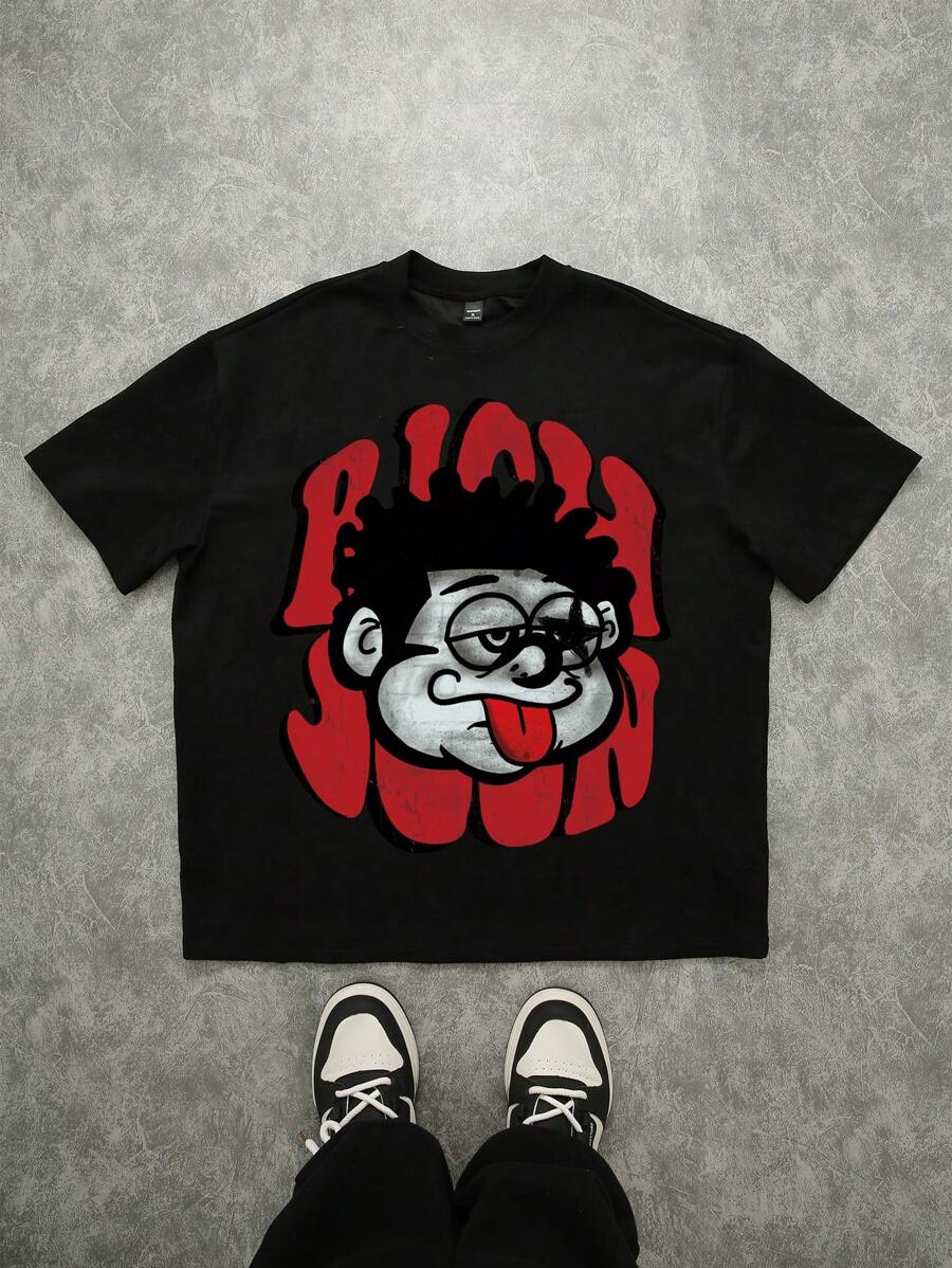 Manfinity Roghcode Oversized Streetwear Vintage Funny Face & Red Text Print Black Loose Drop Shoulder Graphic T-Shirt ( Material) - Black - View 1