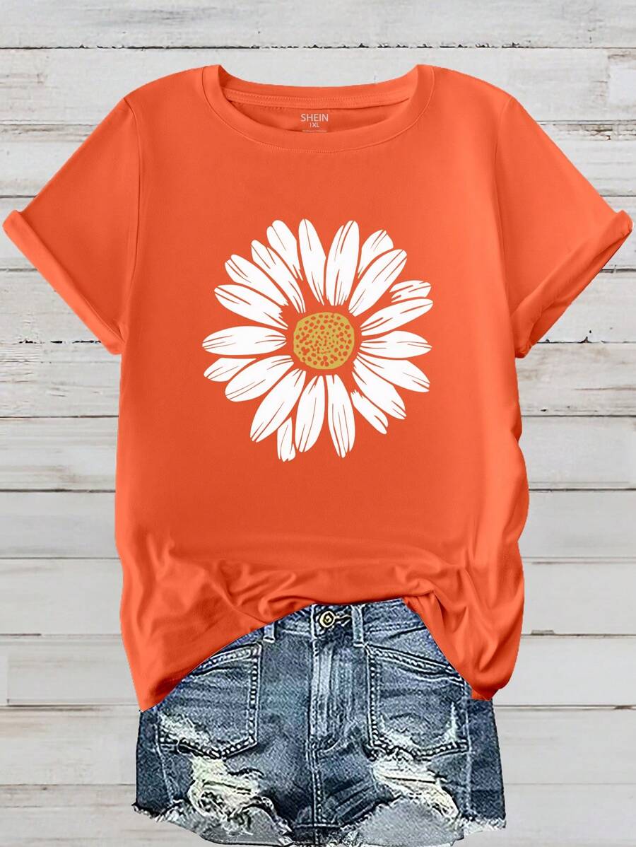 Calvaya Plus Size Women's Floral Print Short Sleeve Casual T-Shirt, Women Round Neck Flower Pattern Top Graphic Tees Women Tops