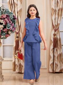Tween Girls 2pcs Set Elegant Solid Ruffle Hem Camisole & Trousers, Summer,Holiday,Summer, Travel - Blue - View 3