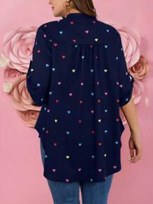 SHEIN LUNE 加大码女式夏季蓝色母亲节袖口可调节前短款外出后所有旧款风格衬衫女式夏季衣服航海休闲女式 - 藏蓝色 - 查看 2