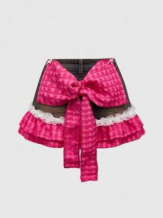 Kawaii Plus Size Bow Patchwork Denim Mini Skirt