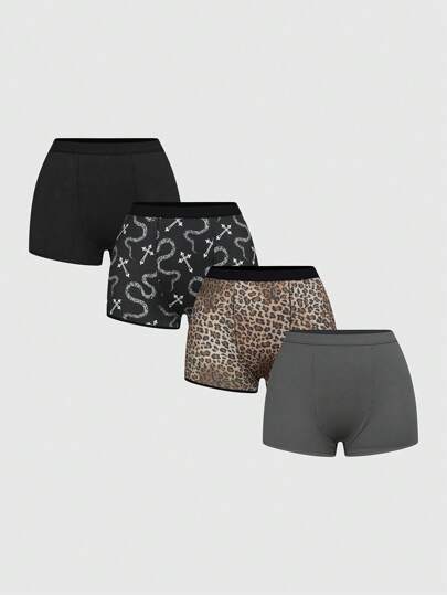 Goth 4pcs Gothic Punk Cross, Snake Skin, Leopard Print Design Men's Boxer Briefs Set