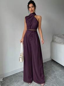 Firerie 2 件套女士高领无袖上衣和阔腿裤套装 - 紫色 - 查看 4