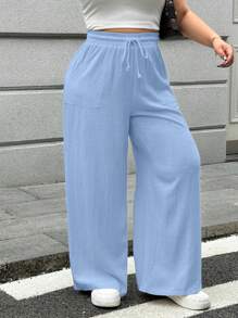 SHEIN EZwear Plus Size Plain Color Casual Pants, Suitable For Summer - Blue - View 4