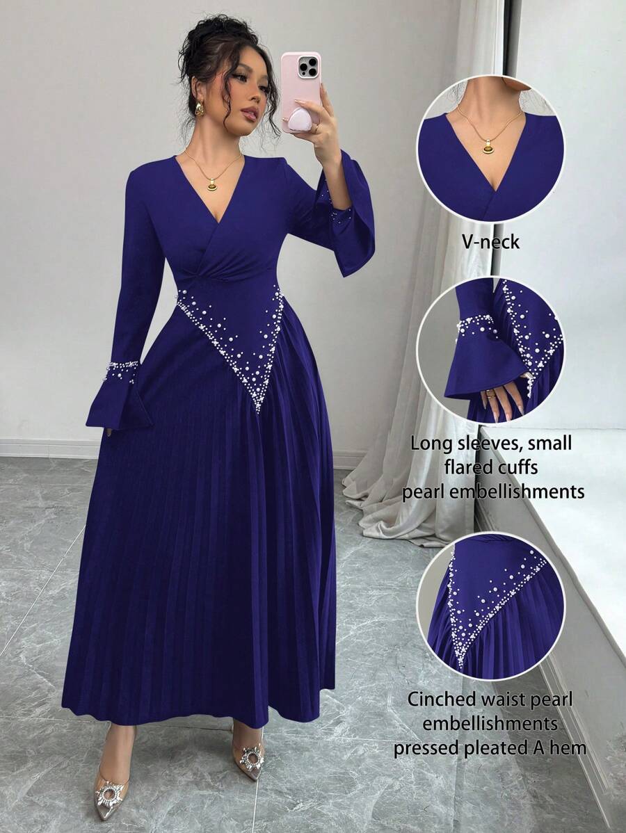 Elenzga 奢华女士褶皱珍珠串珠长袖 V 领收腰 A 字型优雅浪漫晚礼服 - 藏蓝色 - 查看 1