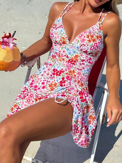 Swim Mod Beach Outfits For Women, Floral Print Drawstring Criss-Cross V-Neck Ruched Skort, Sexy Ladies Swimwear Dress, Summer