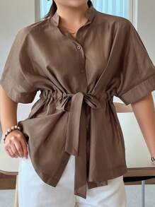 Dazy Plus 纯色翻领插肩袖系腰衬衫 - 卡其色 - 查看 1