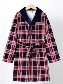 SHEIN Tween Boys' Plaid Belted Homewear