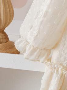 SHEIN Vintaside Kids 女孩优雅公主荷叶边领泡泡长袖提花刺绣双层荷叶边下摆宽松公主裙，适合度假、旅行、派对、礼物、春秋