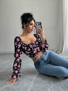 Rafferiza 白色碎花灯笼袖方领抽绳女式衬衫 - 彩色 - 查看 5