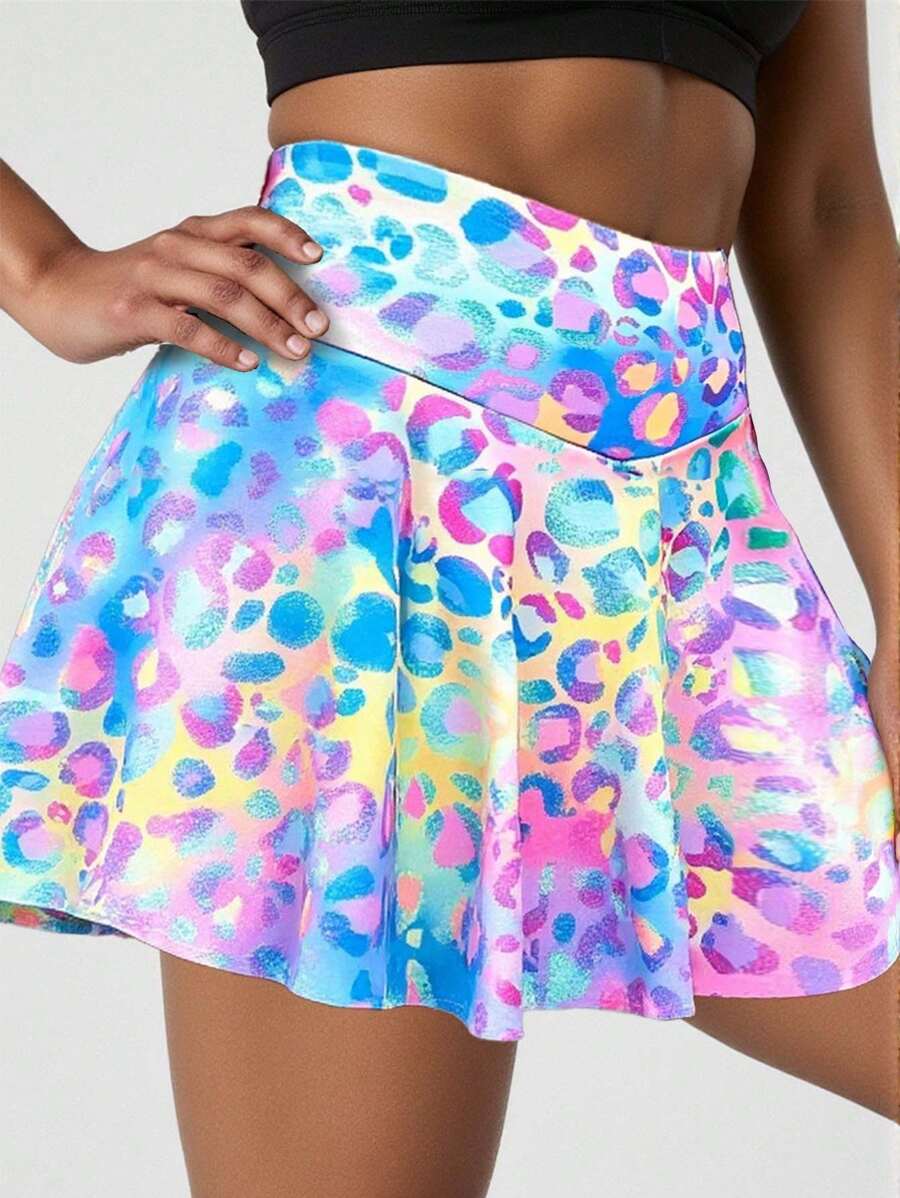 SHEIN Tween 女童高腰渐变色印花时尚半身裙、瑜伽跑步半身裙、丝滑柔软超柔软材质 - 彩色 - 查看 1