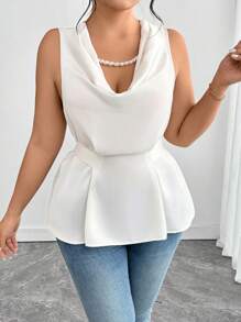 SHEIN Unity 大码女式优雅纯色斜领系腰蝴蝶结荷叶边下摆无袖衬衫，时尚设计，适合派对、商务、休闲装、春夏 - 杏色 - 查看 4