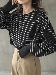 FRIFUL Áo thun nữ cổ tròn sọc đen, bo gấu rộng, trễ vai, tay dài, dáng rộng, thoải mái, dễ mặc, mùa thu/thu - màu đen - Xem 5