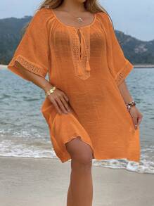 Swim Vcay Women's Solid Color Short Sleeve Casual Cover Up, Suitable For Summer - Orange - View 5