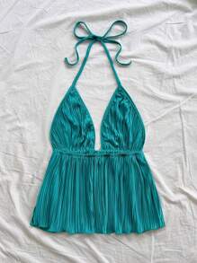 Soleia 女士度假孔雀蓝褶皱纹理露背挂脖系带荷叶边细节吊带背心 - 藍色 - 查看 5