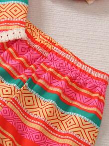 2pcs Set: Young Girls Summer Pattern Digital Print Soft Cami Top With Fringe Trim And Elastic Waist Asymmetrical Hem Flare Leg Pants Set. Getaway, Holiday, Travel, Relax, Sunbathing, Summer - Red - View 4