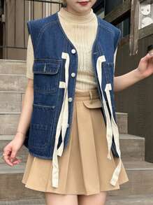 FRIFUL Women Denim Jacket And Coat With Drawstring, Petite - Medium Wash - View 3