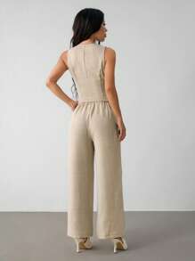 SHEIN PETITE Bộ vest và quần dài màu trơn dành cho nữ, thời trang cho mùa hè và mùa thu/đông - Màu be - Xem 2