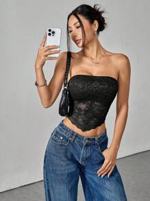 SHEIN PETITE 女士纯色蕾丝拼布不对称下摆紧身黑色抹胸