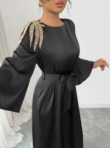 Rafferiza Women's Cinched Waist Waist Round Neck Loose Fit Long Sleeve Satin Applique Long Dress, Arabic Style, Robe, Solid Color, Elegant, Suitable For Daily Wear, Ramadan - Black - View 5