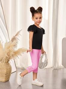 SHEIN Leap Crew Kleine Mädchen Lässig Mutter-Tochter Passende Lässig Spitzenleggings mit Guipure-Spitzeneinsatz, geeignet für Alltag Outfit und Reise- und Urlaubsoutfits - Pink - Übersicht 4