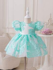 Glamorique Kids 婚礼宾客花童女童公主裙，蝴蝶结，蓝色大花朵，欧根纱提花面料，高贵典雅，优雅的提花连衣裙，适合中东、欧洲、美洲等地，华丽的派对礼服，舞台特殊场合表演 - 綠色 - 查看 3