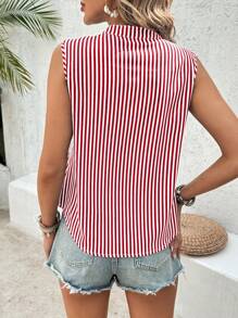 Breezaya Women's Sleeveless Striped Contrast Lace Button Down Blouse - Red - View 2