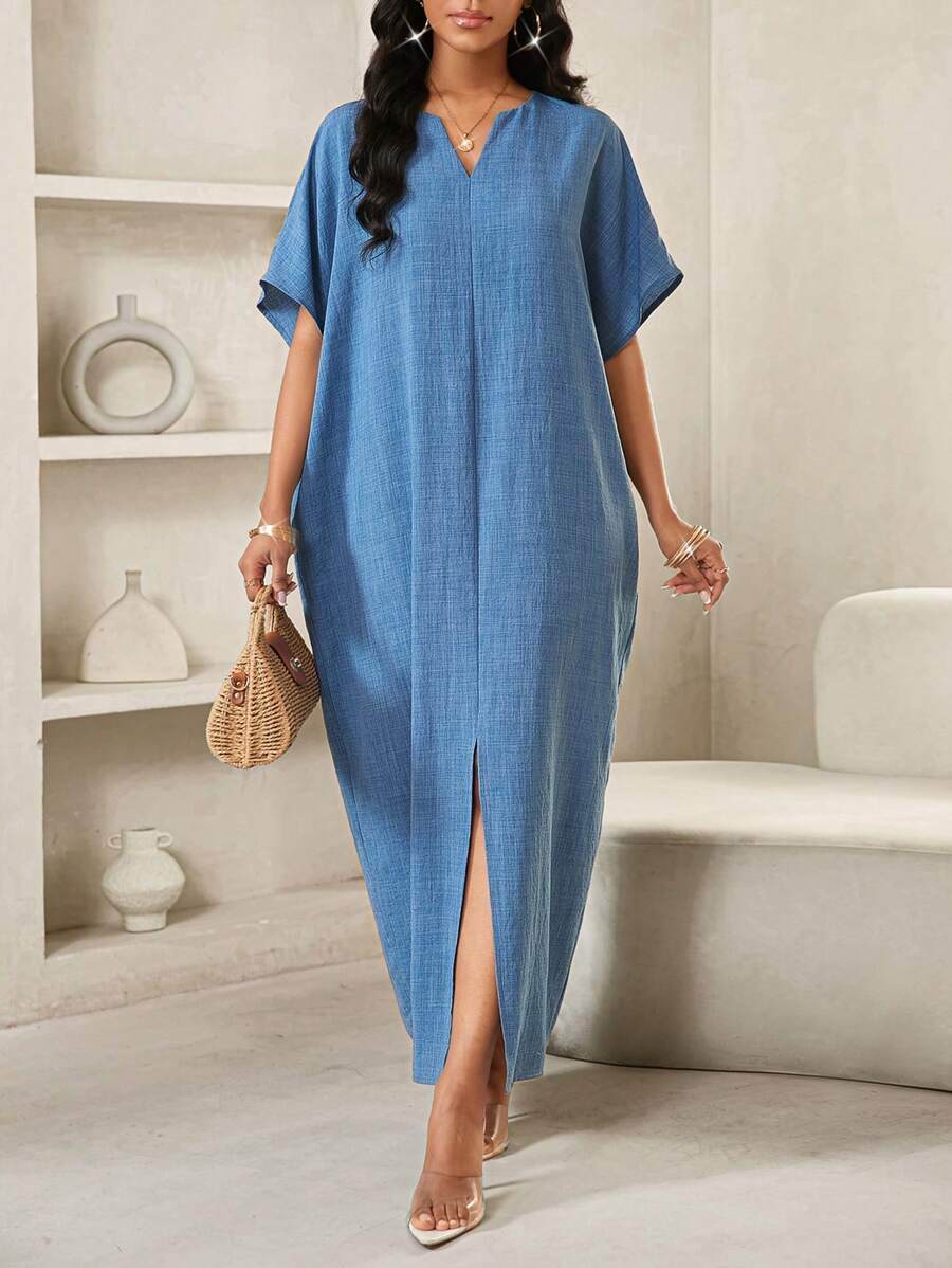 SHEIN Lady 牛仔V领蝙蝠袖短袖女式休闲夏季连衣裙 - 藍色 - 查看 1