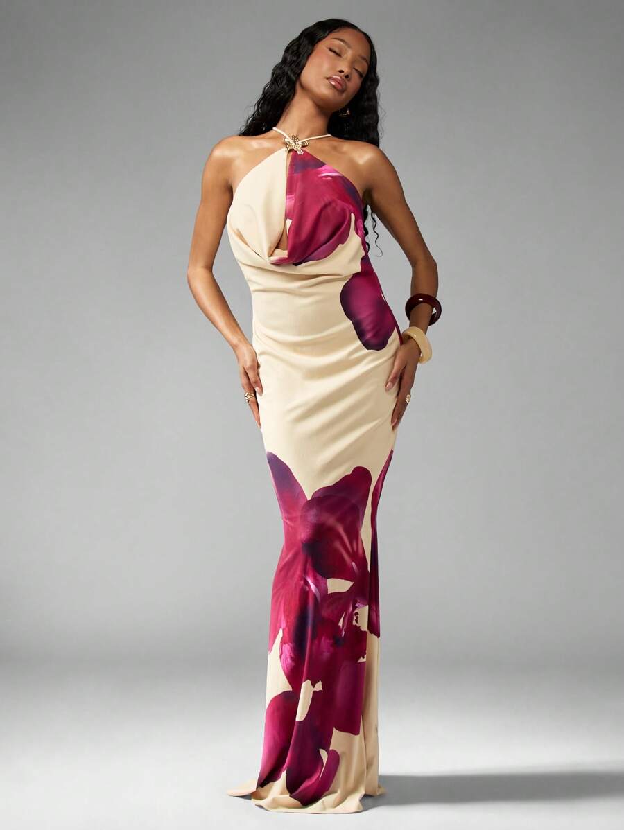 MISSGUIDED 设计师款蝴蝶印花露背长裙，高腰晚礼服，特殊场合及地长礼服，配个性胸针