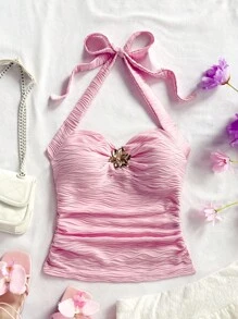 Soleia V 领花卉金属扣系带针织纹理修身女士度假吊带背心，适合音乐节、波西米亚风、度假、约会、下午茶