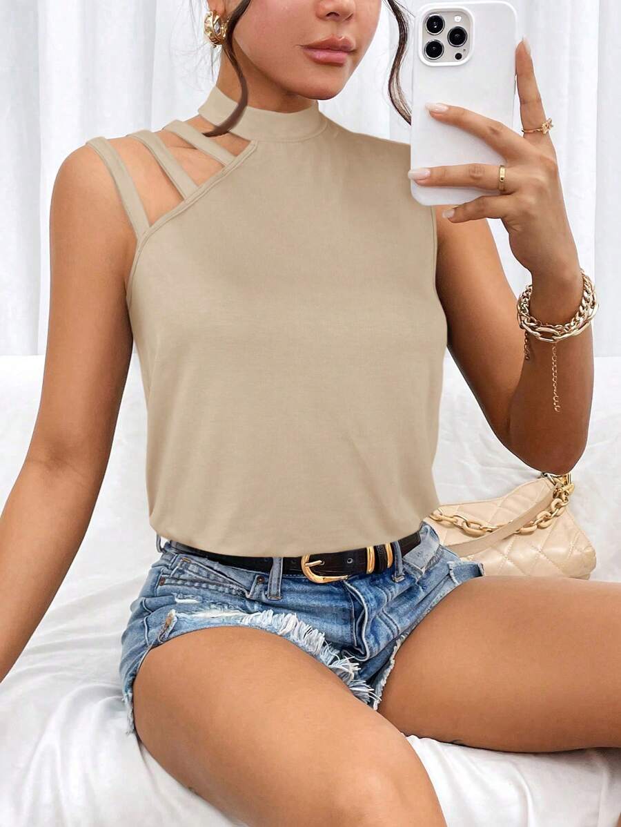 SHEIN Privé Women Solid Color Sleeveless Tank Top, Fashionable For Summer - Khaki - View 1