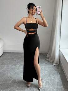 Selianne Women's Solid Color Mid-Length Dress, Slip Dress, Hollow Out, Minimalist, Fashionable, Suitable For Summer