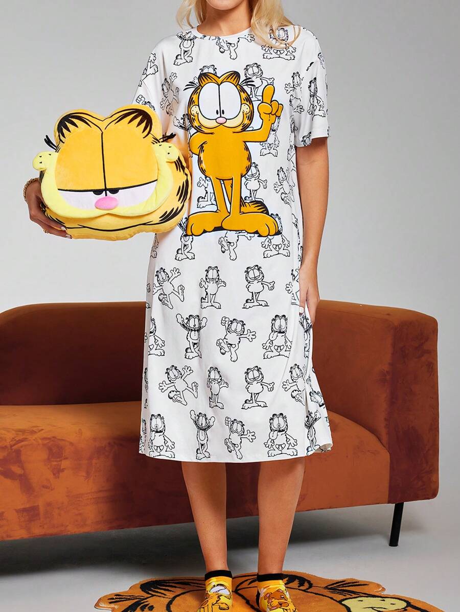 GARFIELD | SHEIN 女士卡通猫印花圆领短袖中长连衣裙