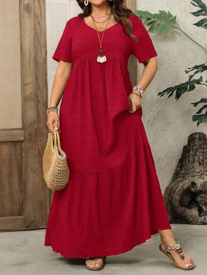 EMERY ROSE Plus Size Women Round Neck Red Long Dress,Summer Holiday,Vacation Outfits Women,Simple And Fashionable For Everyday Wear