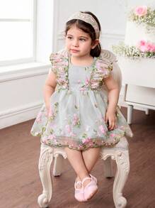 SHEIN Babygirl Cute Summer Elegant Floral Embroidery Mesh Ruffle Hem Dress